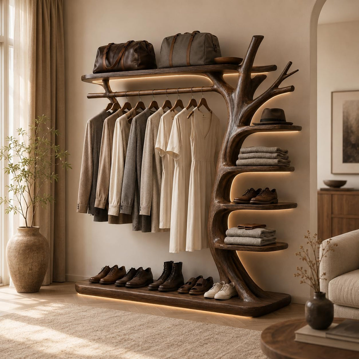 Rustic Coat Rack with Shoe Shelf, 70” H x 60” W Entryway Hall Tree Organizer for Mudroom, Hallway, Foyer Storage (Option 2)