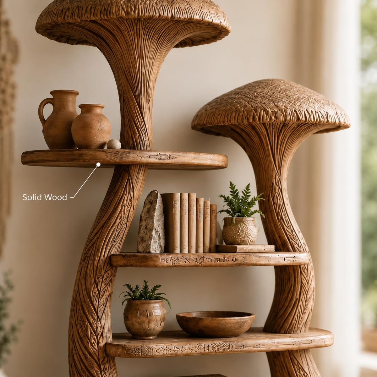Mushroom Tree Bookshelf, Wooden Nature Inspired 50" W x 60" H Fantasy Bookcase with Tiered Display Shelves for Living Room Decor (Option 1)