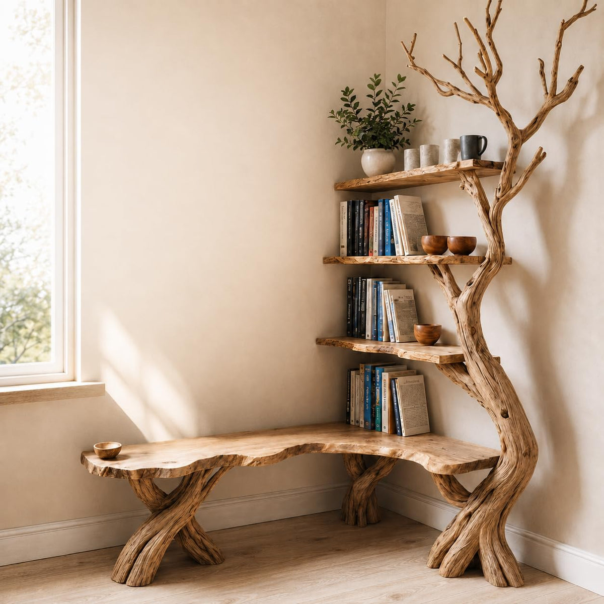 Handcrafted Natural Wood Corner Tree Bookshelf, Rustic Tree Branch Corner Shelf for Living Room Bedroom, Custom Wood Corner Wall Shelf with Multi-Tier Display Storage