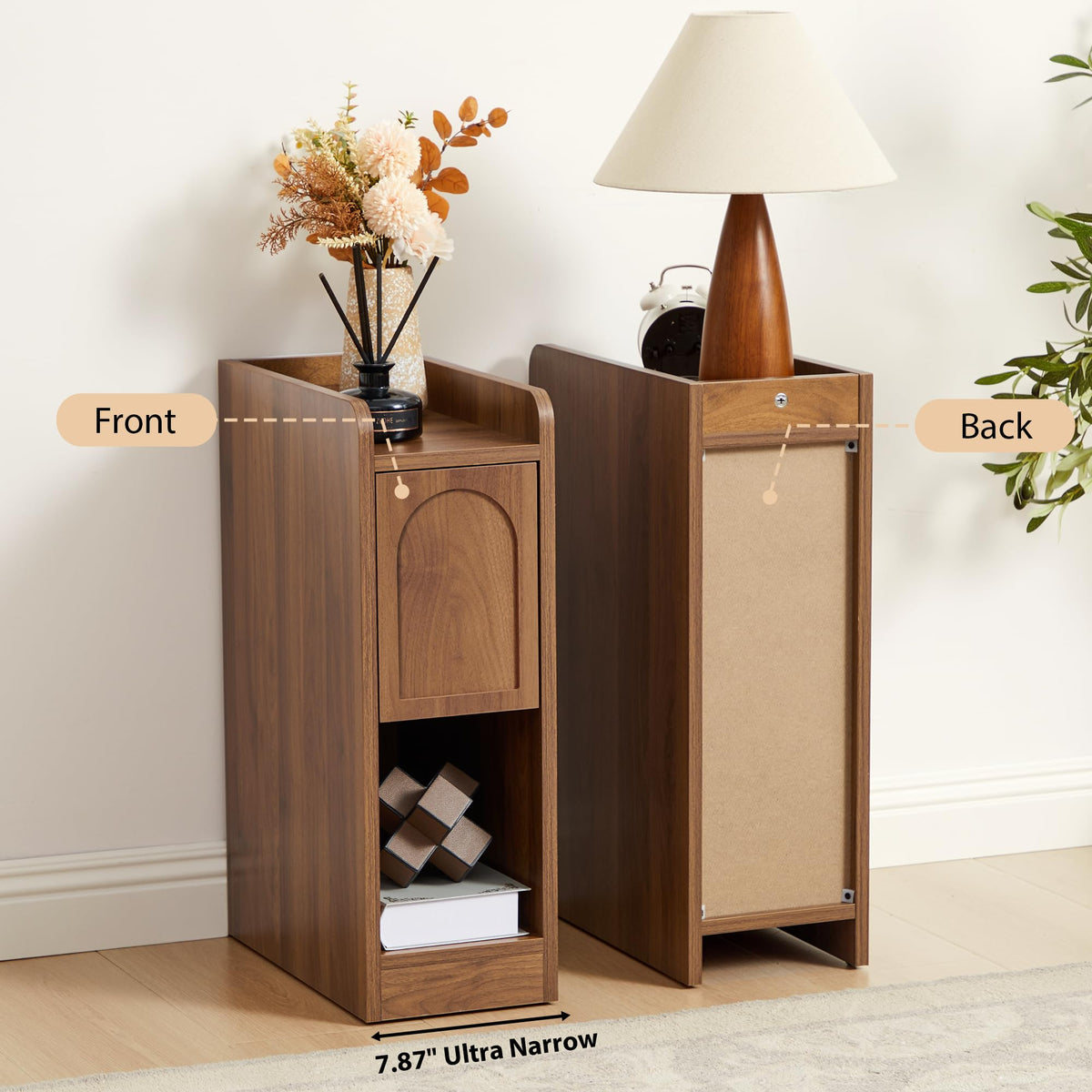 Narrow Carved Wood Nightstands, Set of Two