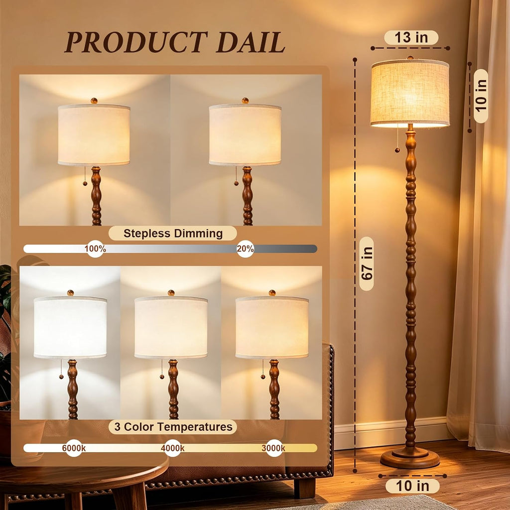 CEDARLUX 65.5" Natural Real Wood Floor Lamp, Vintage Standing Lamp Brwon
