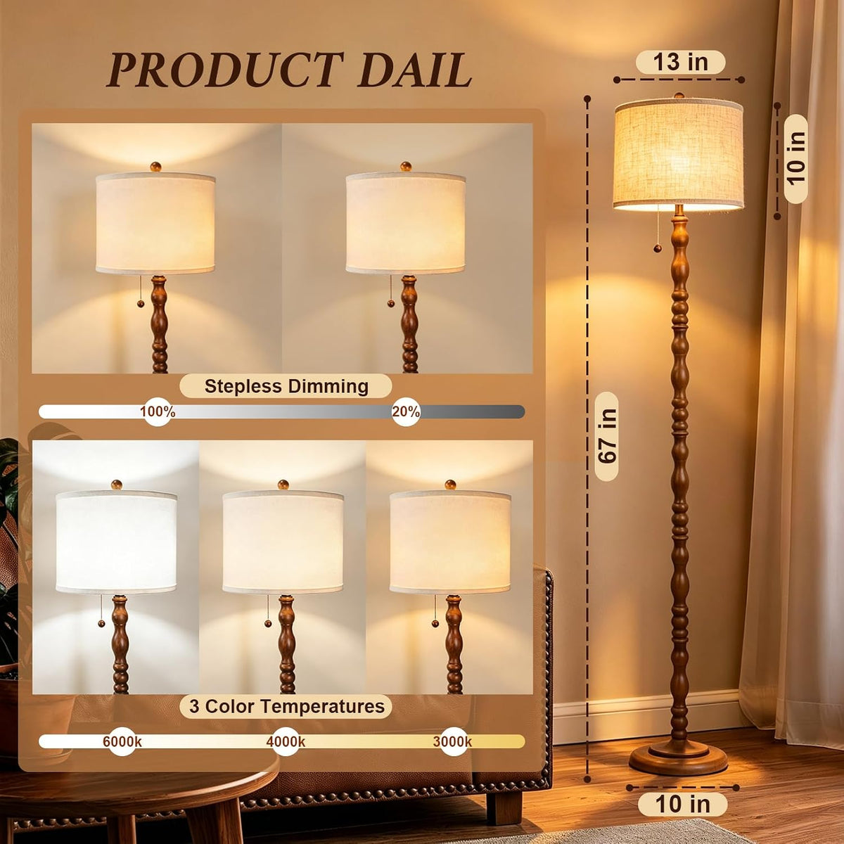 CEDARLUX 65.5" Natural Real Wood Floor Lamp, Vintage Standing Lamp Brwon