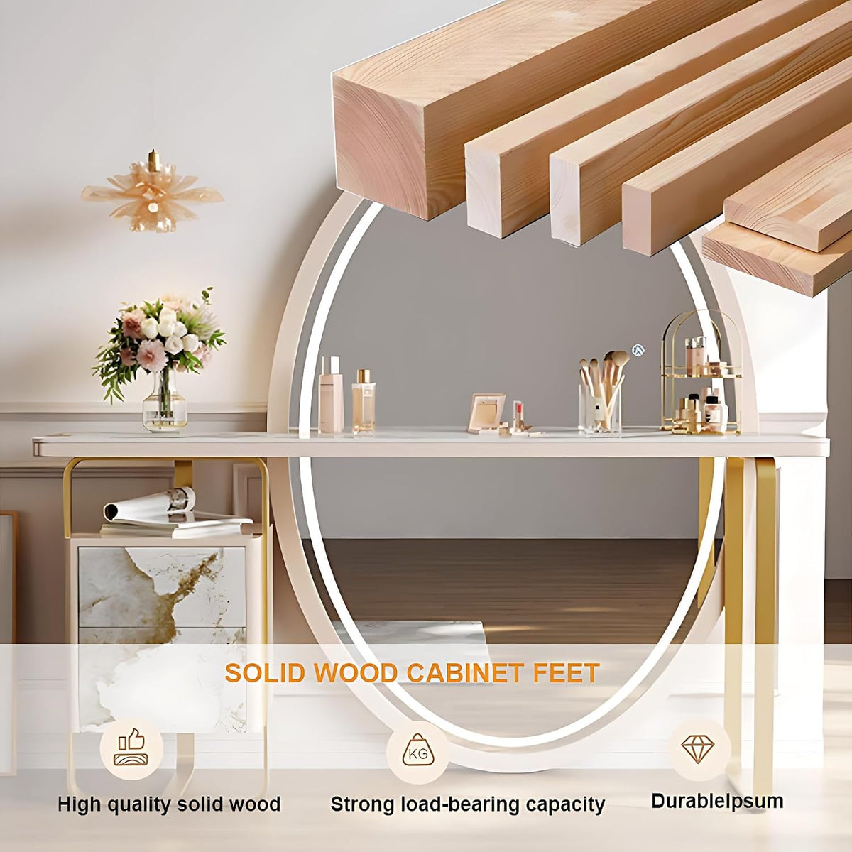 Solid Wood Vanity Set with LED Smart Mirror & Rock Slab Top