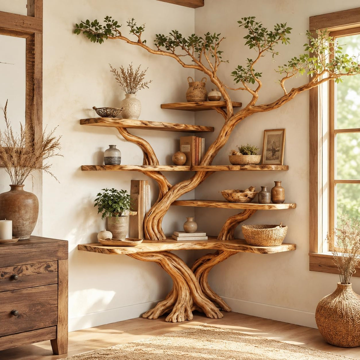 Handcrafted Natural Wood Corner Tree Bookshelf, Rustic Tree Branch Corner Shelf for Living Room Bedroom, Custom Wood Corner Wall Shelf with Multi-Tier Display Storage