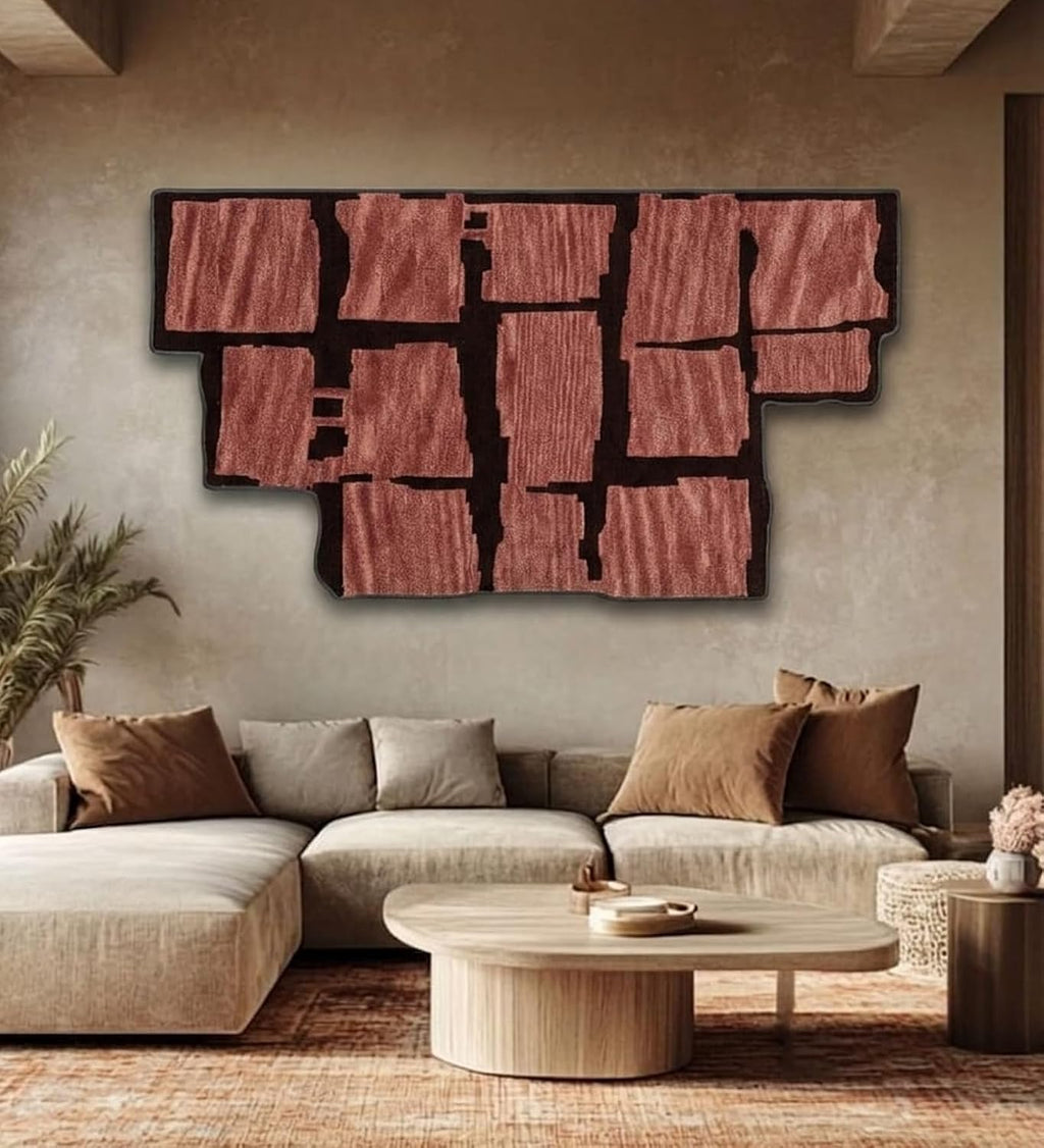 Handmade Woven Abstract Wall Art in Rust & Baby Pink