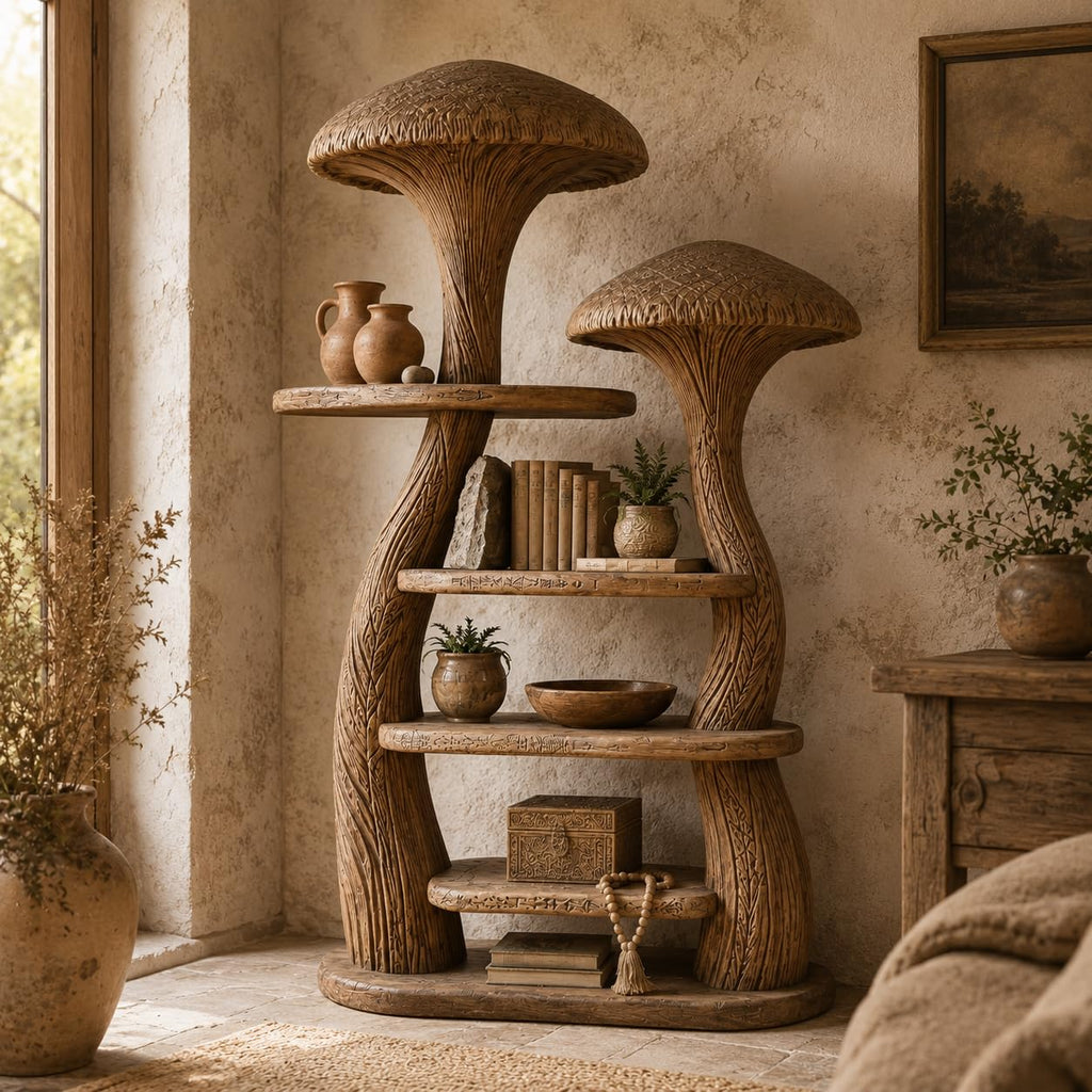 Mushroom Tree Bookshelf, Wooden Nature Inspired 50" W x 60" H Fantasy Bookcase with Tiered Display Shelves for Living Room Decor (Option 1)