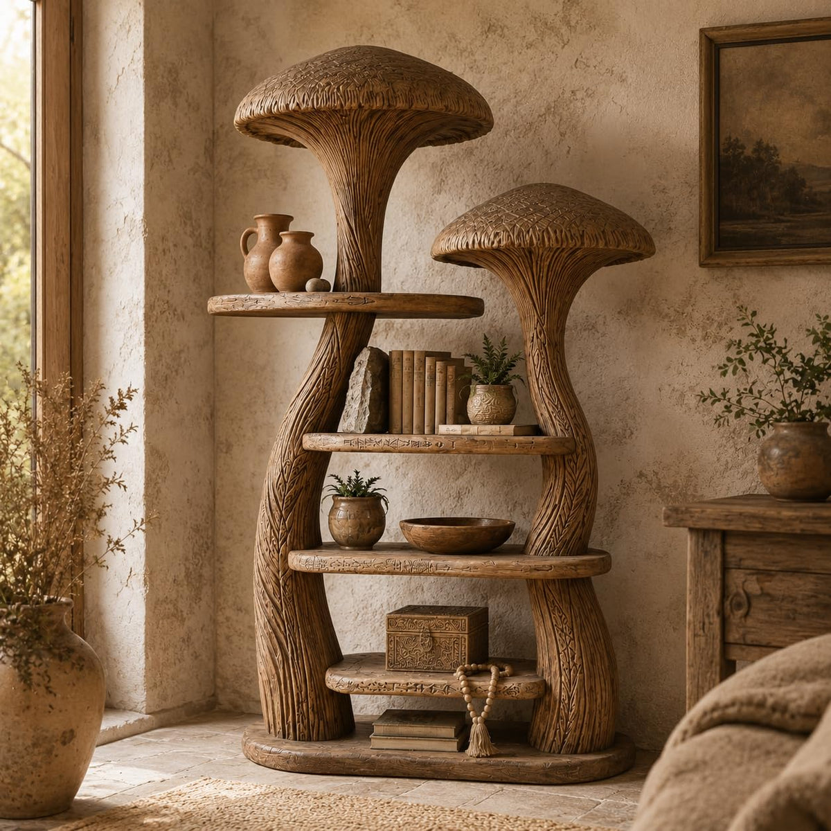 Mushroom Tree Bookshelf, Wooden Nature Inspired 50" W x 60" H Fantasy Bookcase with Tiered Display Shelves for Living Room Decor (Option 1)