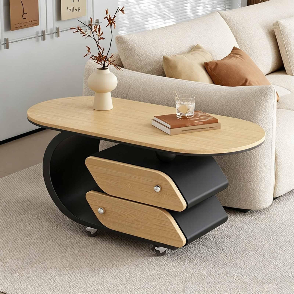 Rolling Wood-Top Storage Side Table