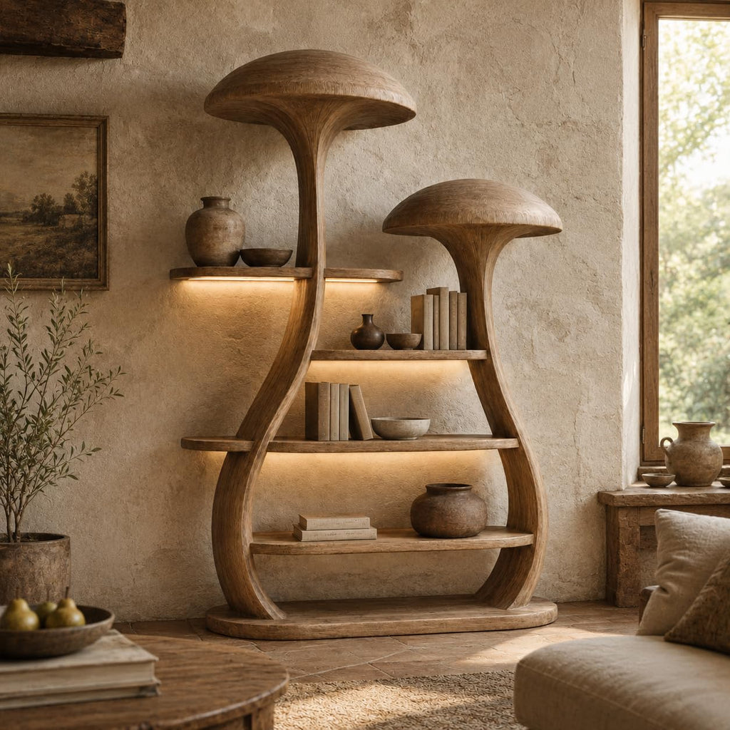 Mushroom Tree Bookshelf, Wooden Nature Inspired 50" W x 60" H Fantasy Bookcase with Tiered Display Shelves for Living Room Decor (Option 1)