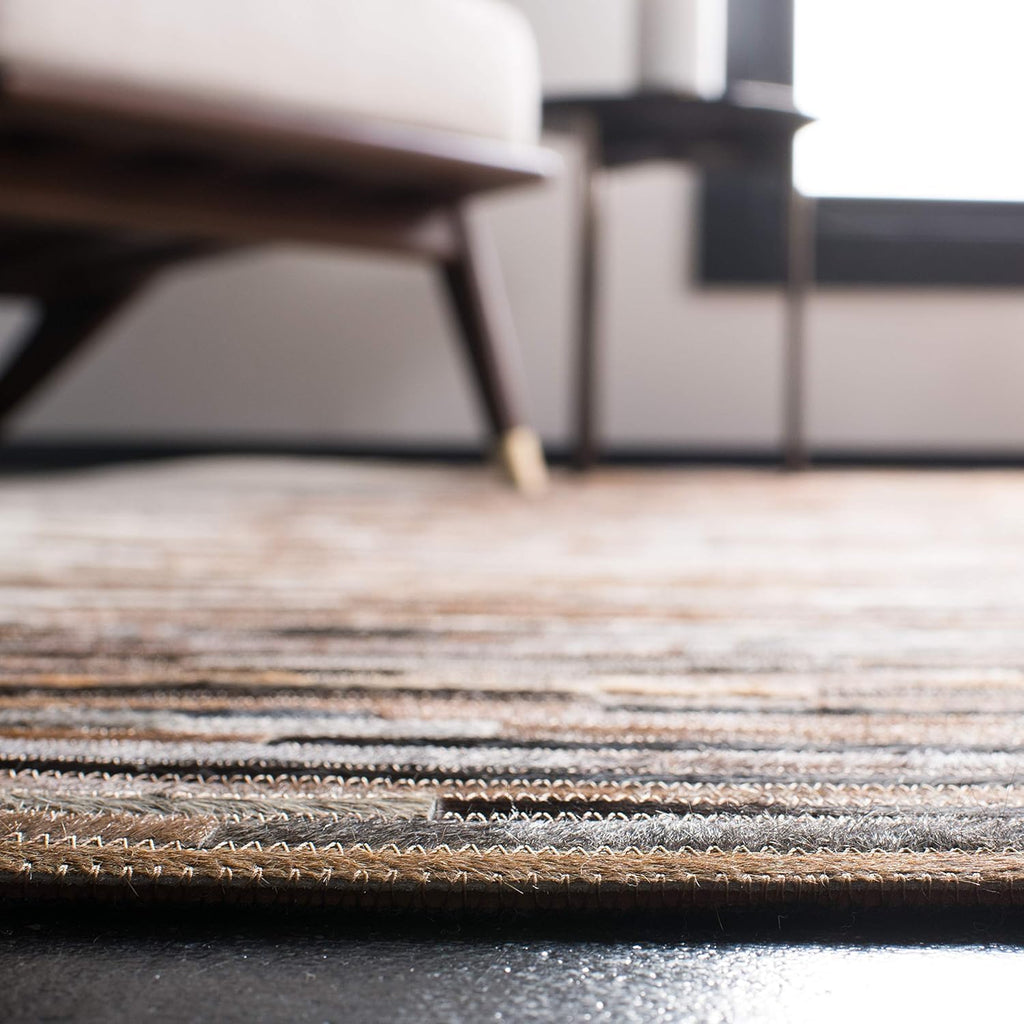 Beige Cowhide Patchwork Rug – Handmade Linear Leather Area Rug – Modern