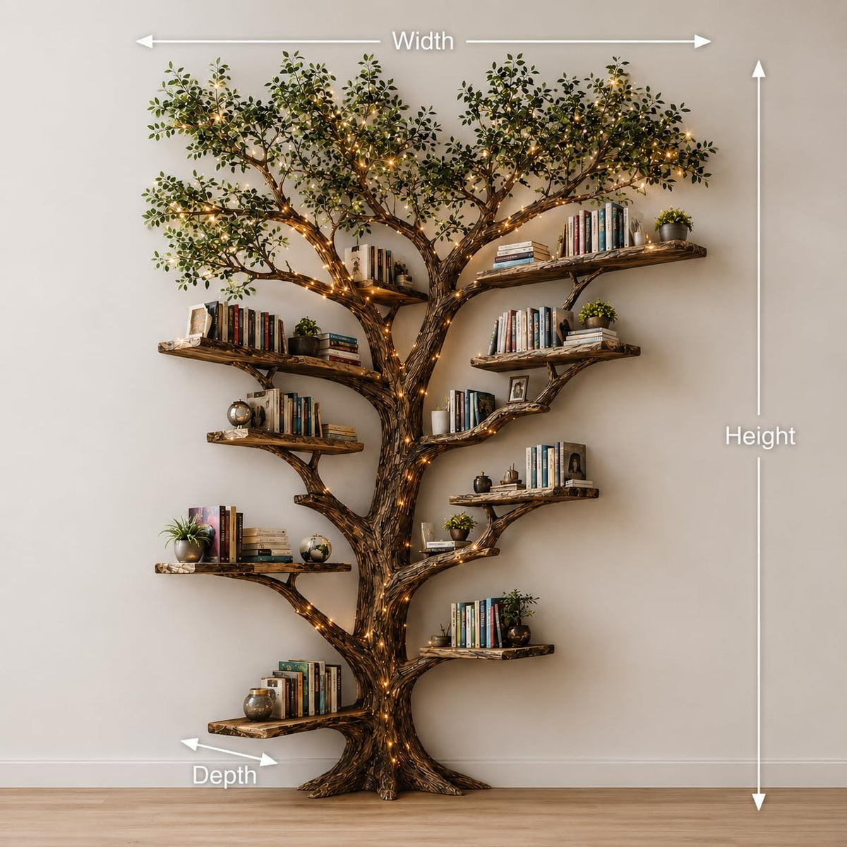Tree Bookshelf, Handcrafted Natural Wood Tree Branch Wall Bookcase, Sculptural Floating Shelves for Living Room, Study and Home Library, Driftwood Decor