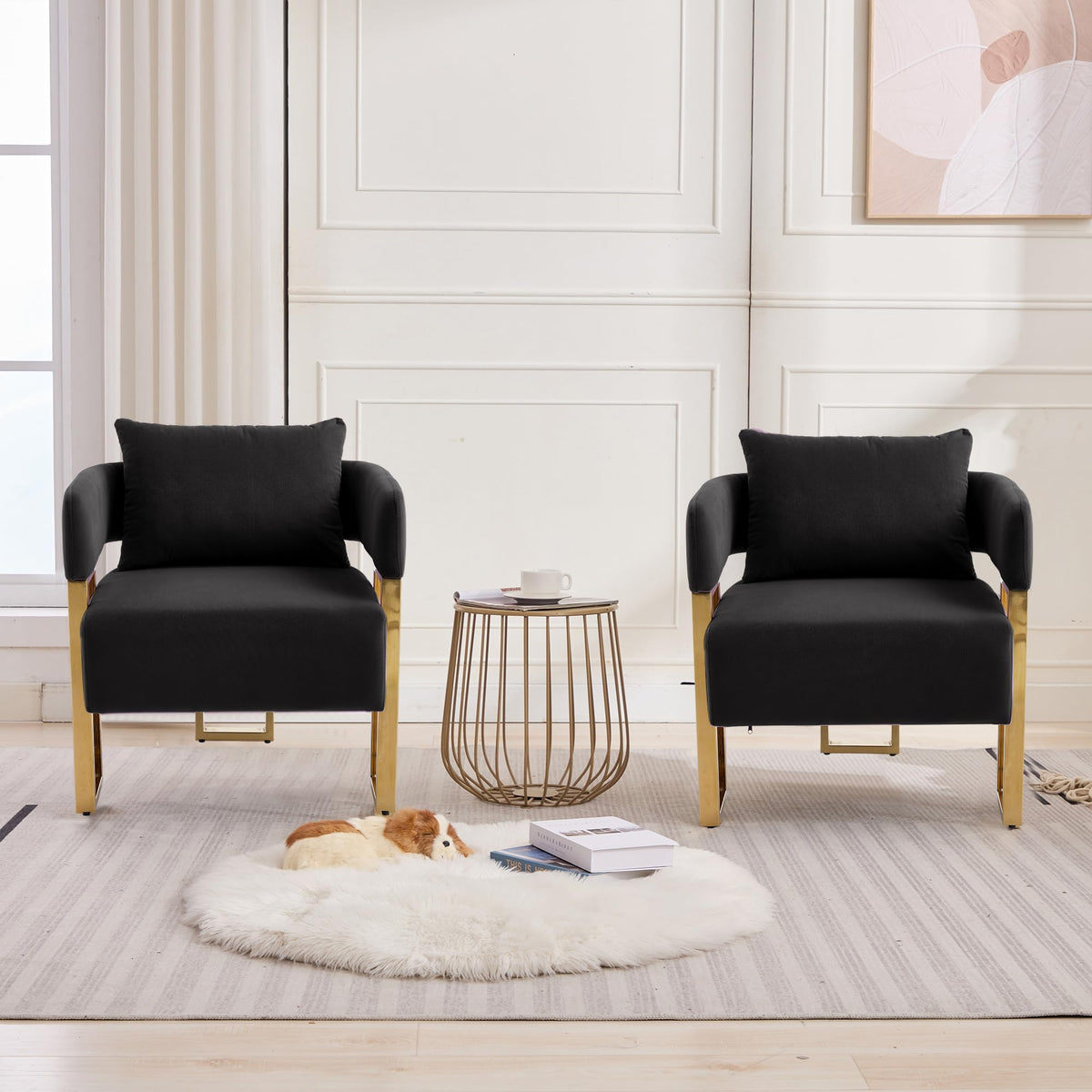 Upholstered Barrel Accent Chairs with Gold Legs – Set of 2
