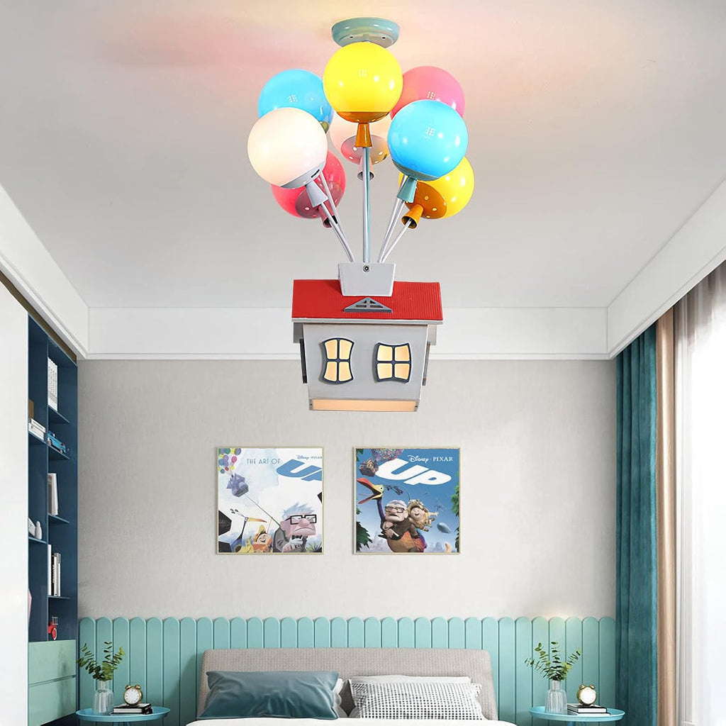 Kids House Shape Ceiling Light Colorful Balloon Wood Chandelier Cartoon House Shape with Acrylic lampshade Sputnik Ceiling Light for Girls Boys Kid's Bedroom (D16.5*H22.8IN (6 Light))