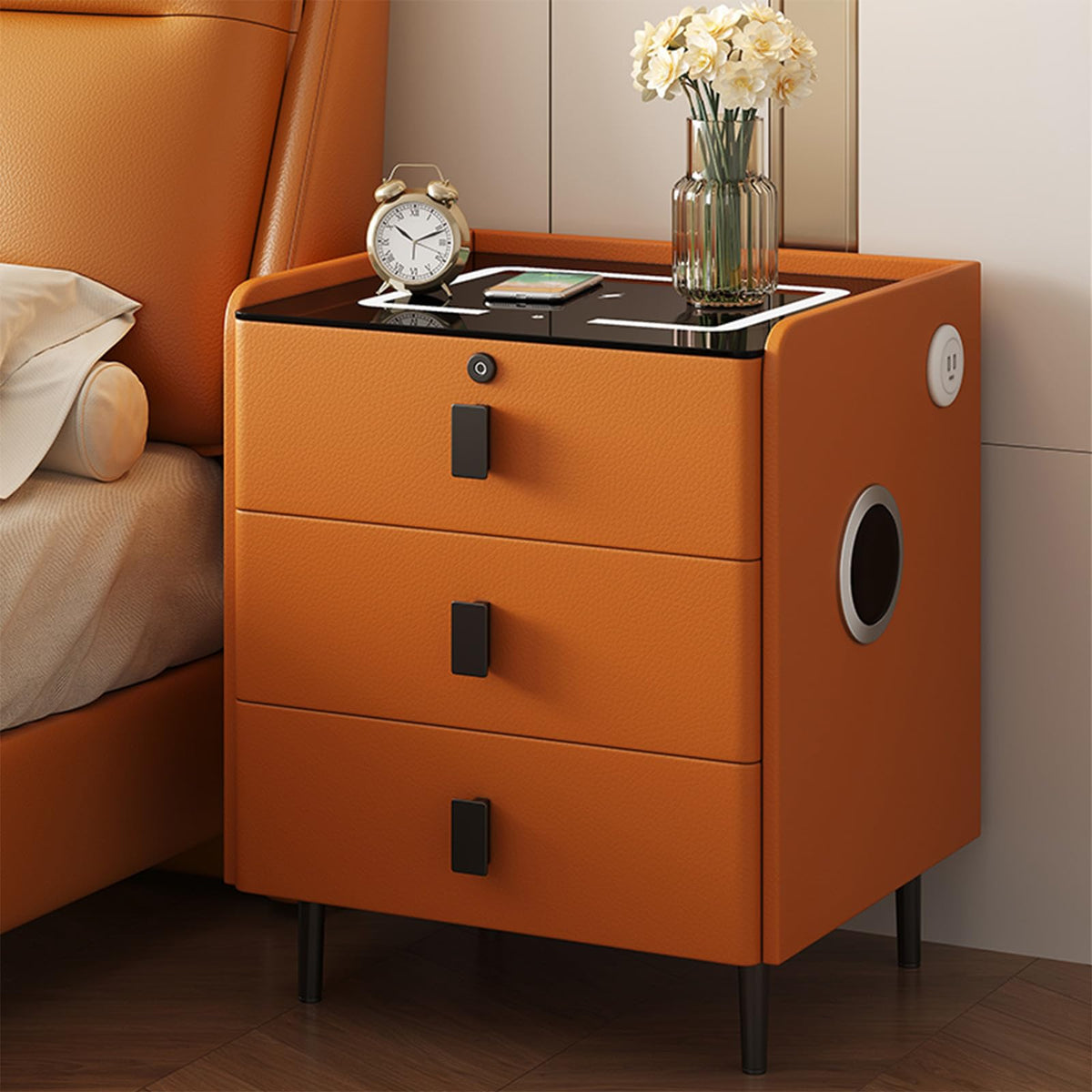 Smart Nightstand with Bluetooth Speaker,Led Nightstands with 3-Drawers and USB-Port,Fingerprint Lock Smart Side Table,3-Colors Lighting Bedside Table