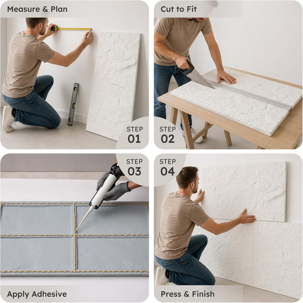 Diflart 3D Faux Stone PU Wall Panels for Interior Decor, White, 4 PCS