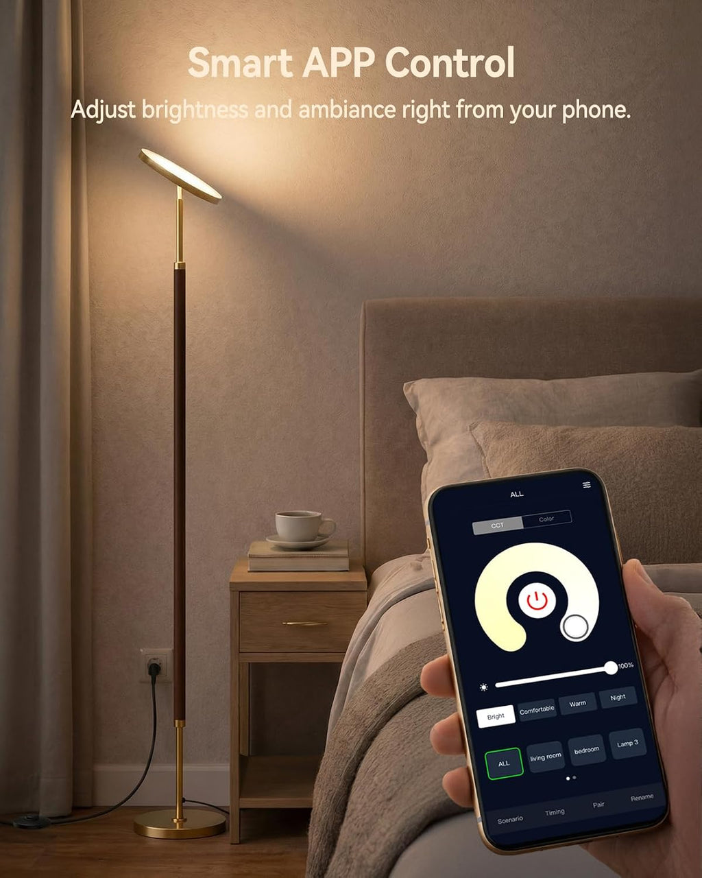 JOOFO Wood LED Torchiere Floor Lamp with Remote, 3000LM Dimmable