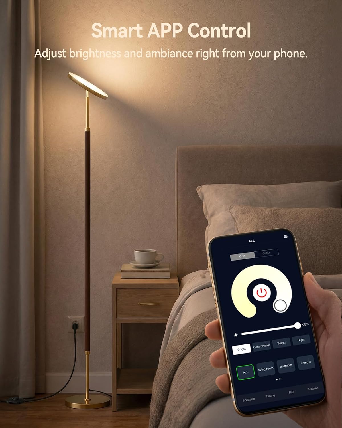 JOOFO Wood LED Torchiere Floor Lamp with Remote, 3000LM Dimmable