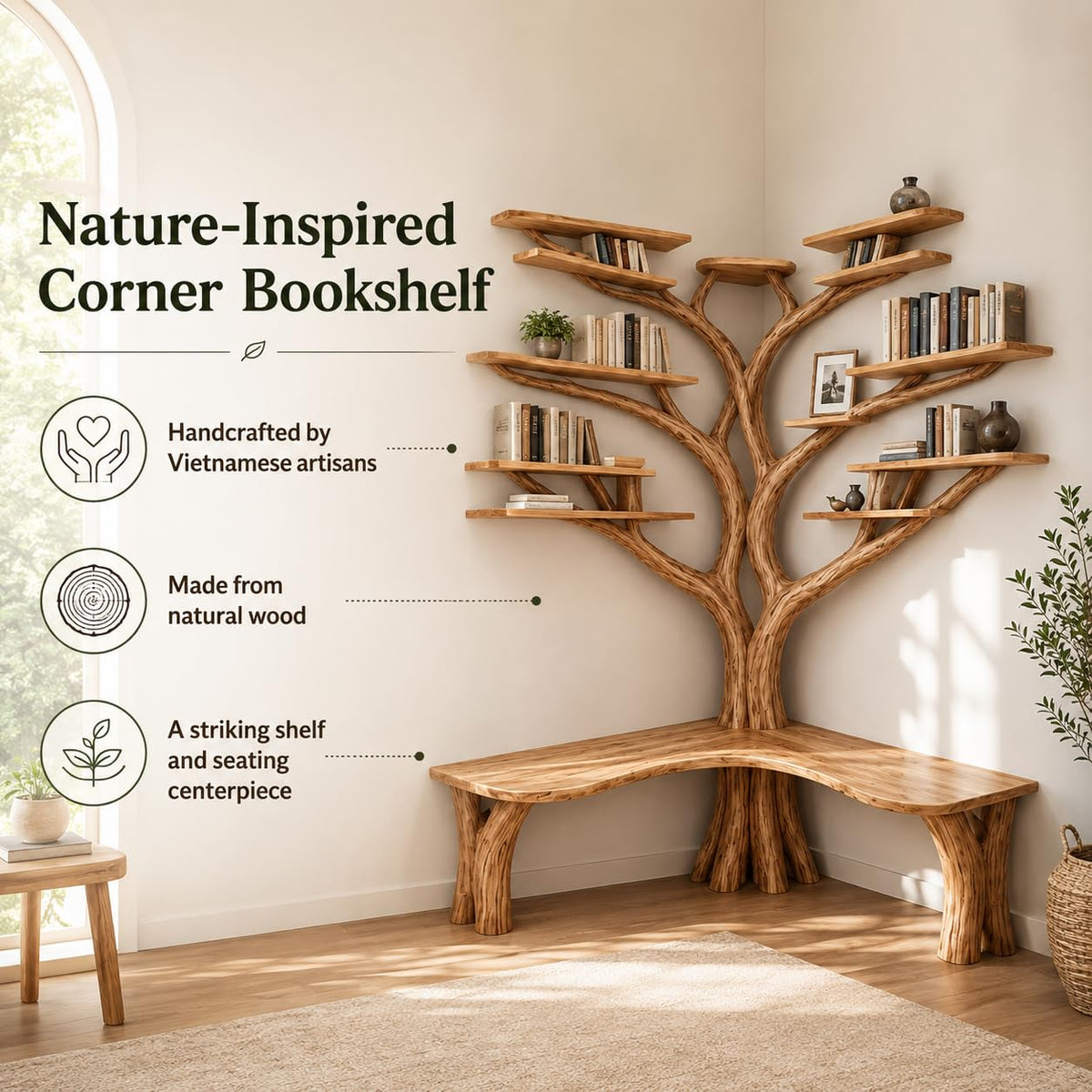 Handcrafted Natural Wood Corner Tree Bookshelf, Rustic Tree Branch Corner Shelf for Living Room Bedroom, Custom Wood Corner Wall Shelf with Multi-Tier Display Storage
