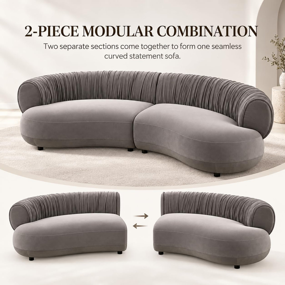 102.36" Curved Sectional Sofa, Gray Velvet 4-Seat Couch
