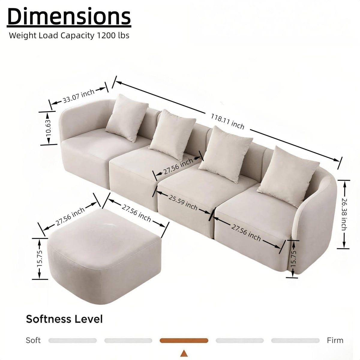102.36" Curved Sectional Sofa, Gray Velvet 4-Seat Couch