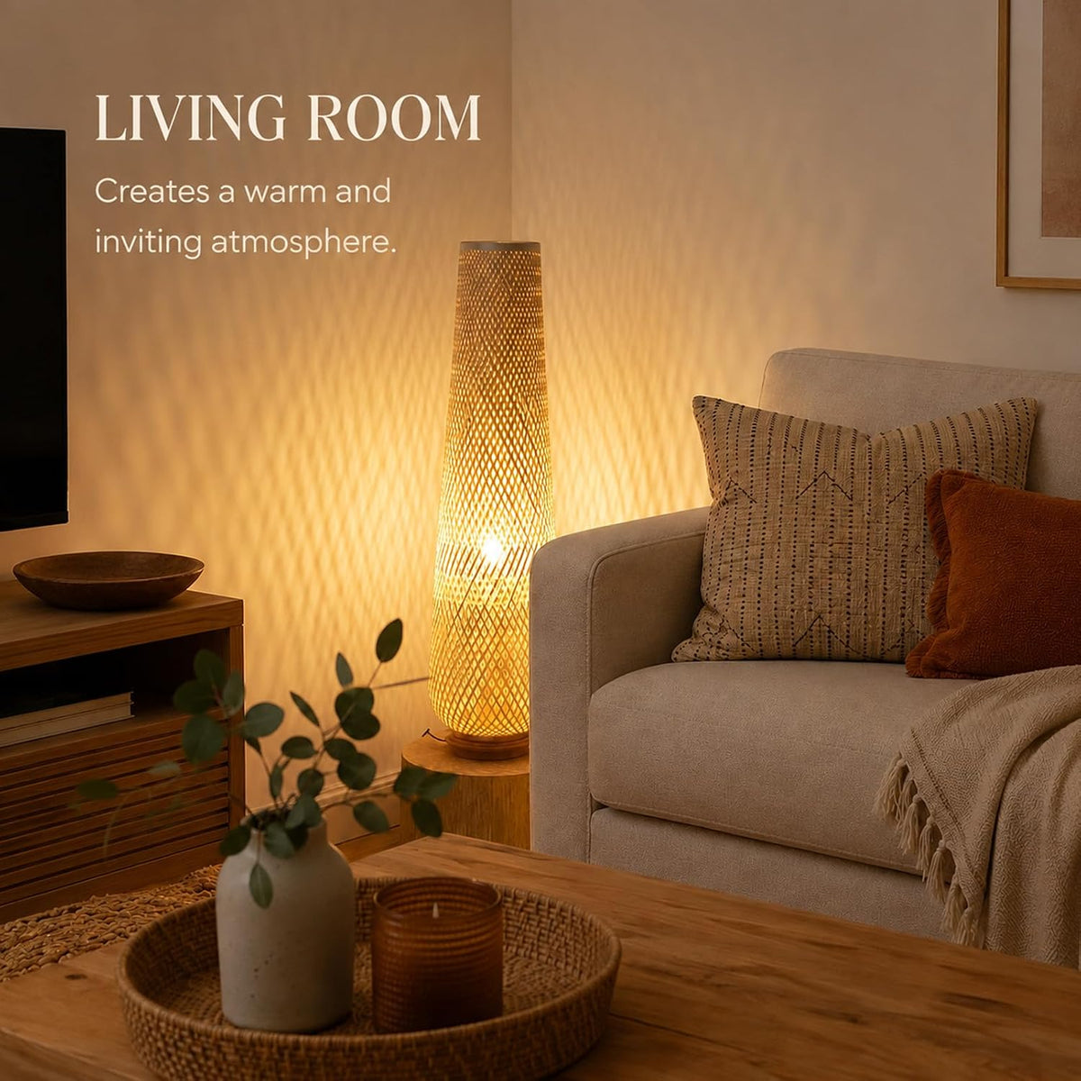 Boho Style Bamboo Woven Floor Lamp for Living Room, 36 in, Cozy Decor