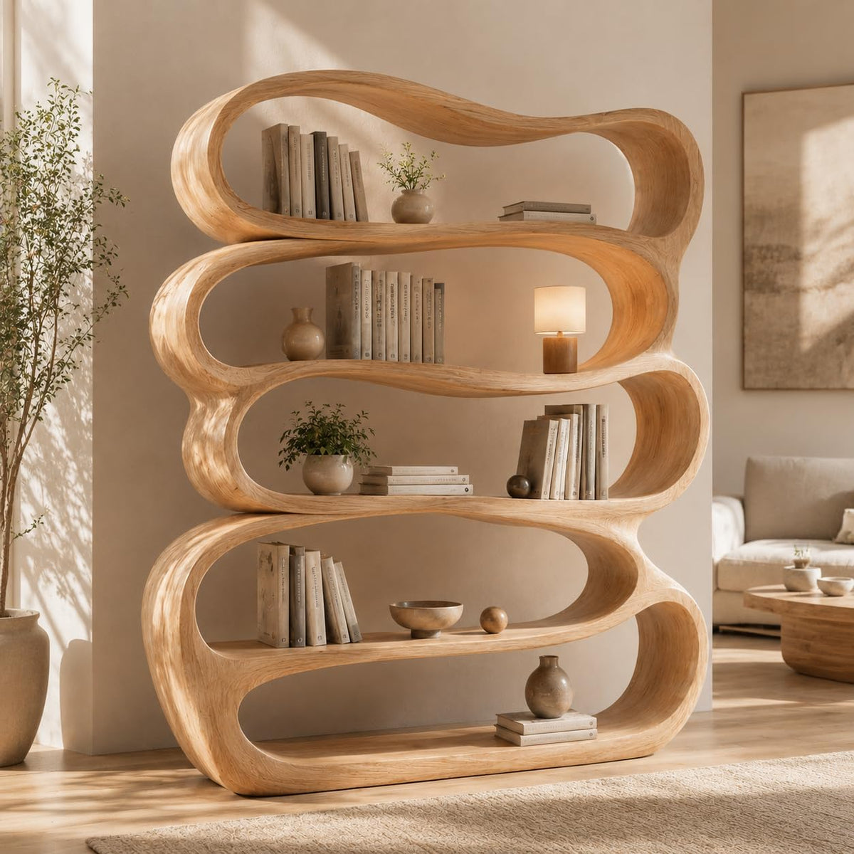 Solid Wood Bookshelf, Organic Curved Freestanding Bookcase for Living Room Decor, Sculptural Display Shelf Room Divider, Multiple Sizes & Finishes (Option 3)