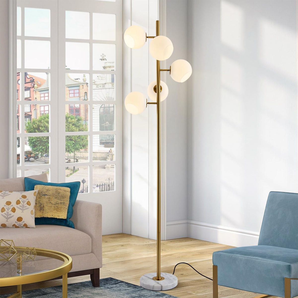 BOKT Gold 5-Light 67'' Tall Floor Lamp Smoked Glass Globes Standing Lamp