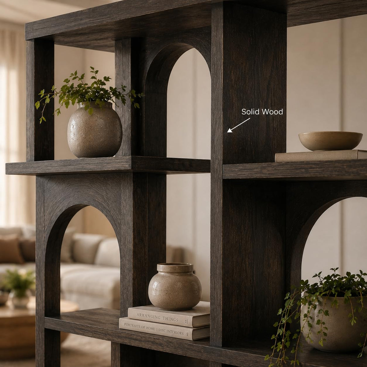 Artistic Wooden Bookshelf, Solid Wood Curved Bookcase with Open Shelves, Freestanding Display Storage for Living Room (Option 2)