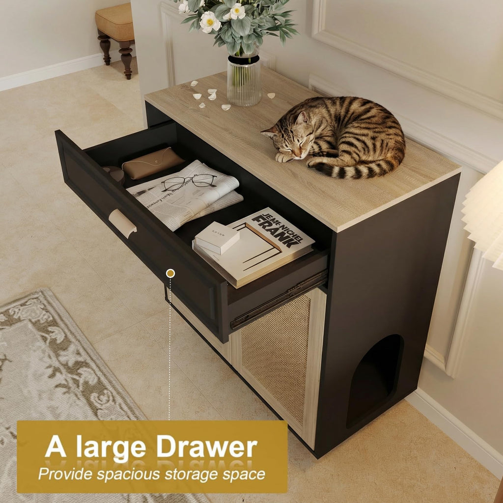 Cat Litter Box Enclosure Furniture Hidden Indoor 2-in-1 Wooden Cat & Washroom Cabinet with Scratching Board Doors and 3 Drawer for 2 Cats, 55"x20"x24"H