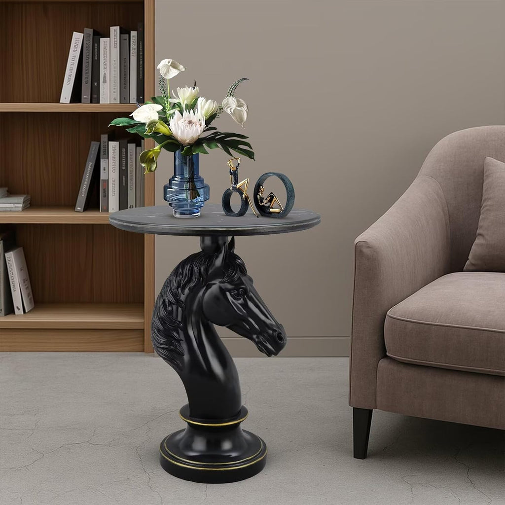Modern End Table Living Room Black Horse Statue Base Faux Marble Night Stand 20"