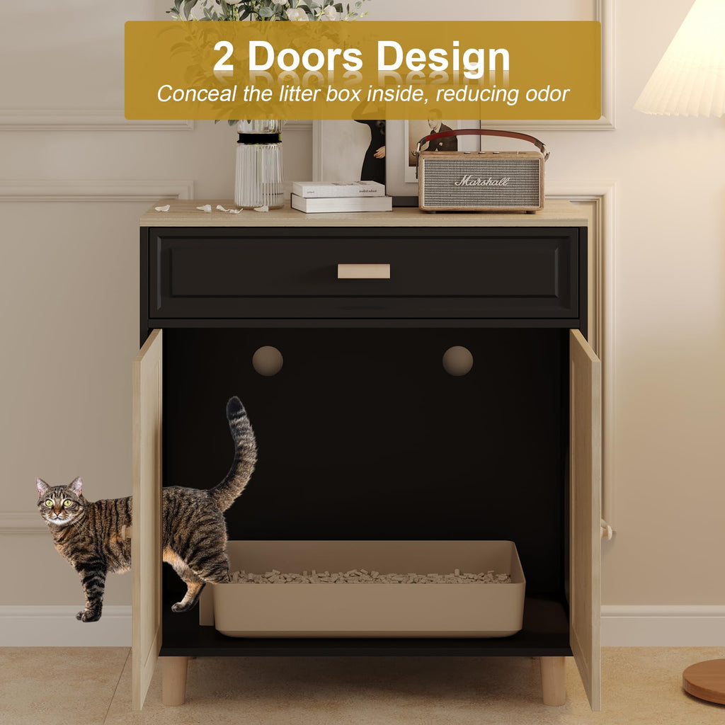 Cat Litter Box Enclosure Furniture Hidden Indoor 2-in-1 Wooden Cat & Washroom Cabinet with Scratching Board Doors and 3 Drawer for 2 Cats, 55"x20"x24"H