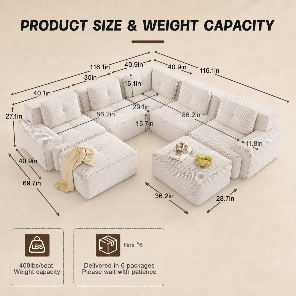 Camel Couch, Corduroy Couch, Boneless Modular Sectional Sofa Set, 5-Seat, Oversized