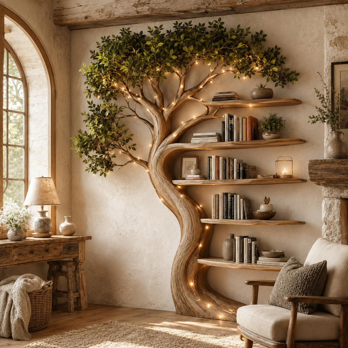 Rustic Tree Bookshelf, Solid Wood 70" H x 60" W Nature Inspired Bookcase with Open Shelves for Living Room Wall Decor (Option 4)