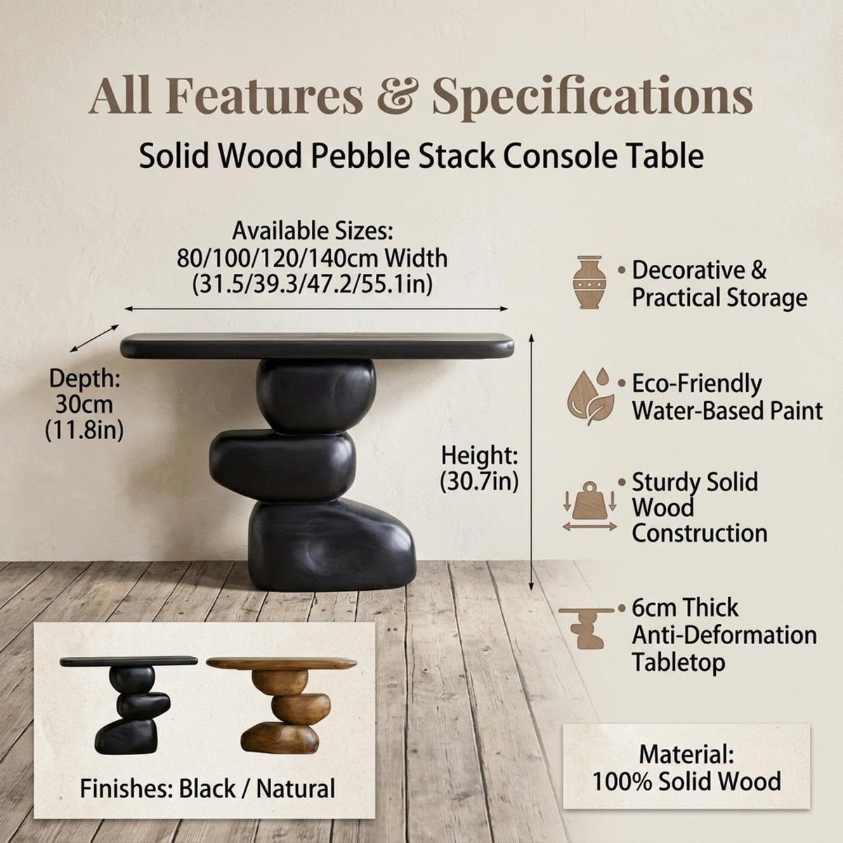Entryway Console Table, Solid Wood, Cobblestone Round