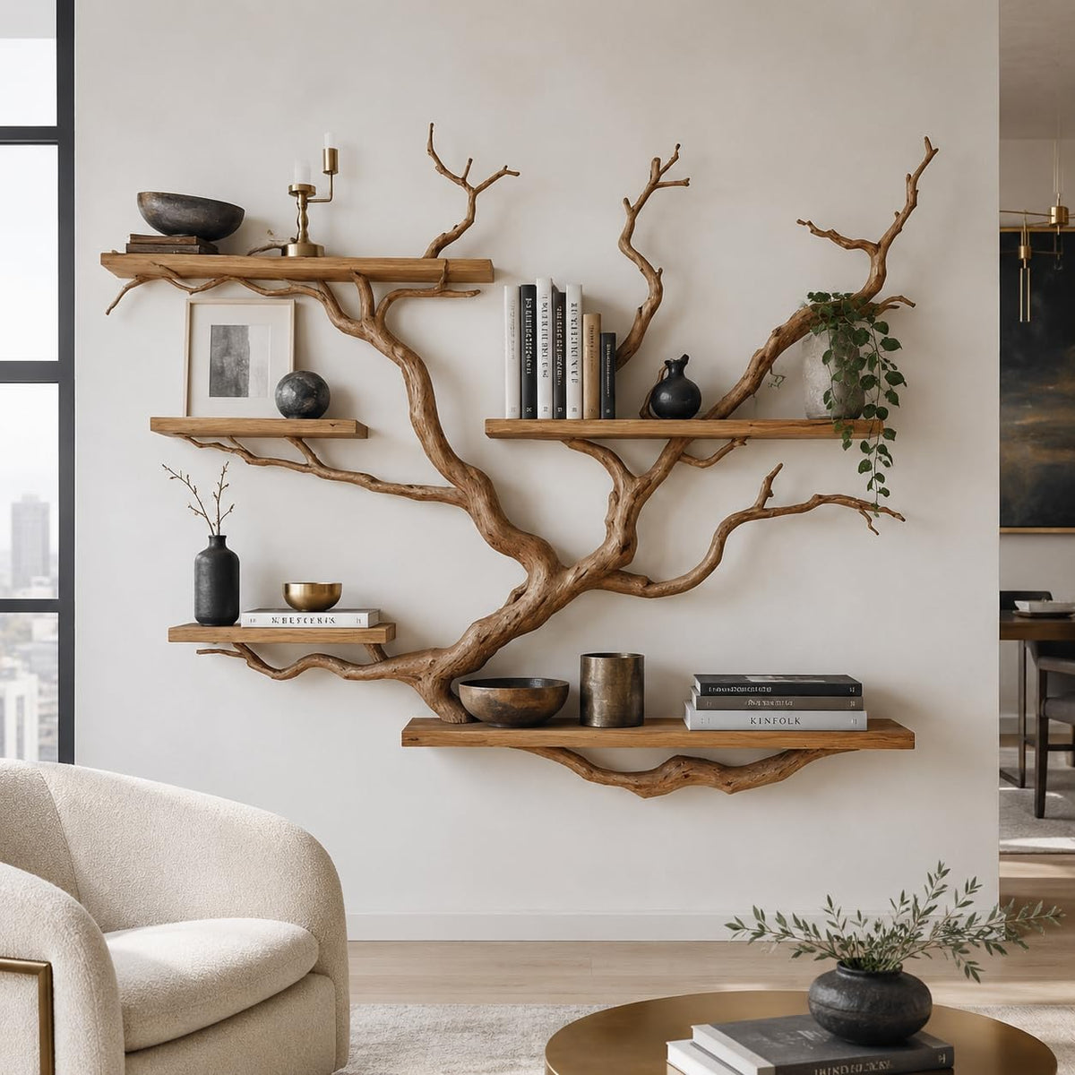 Handcrafted 4-Tier Tree Branch Wall Bookshelf