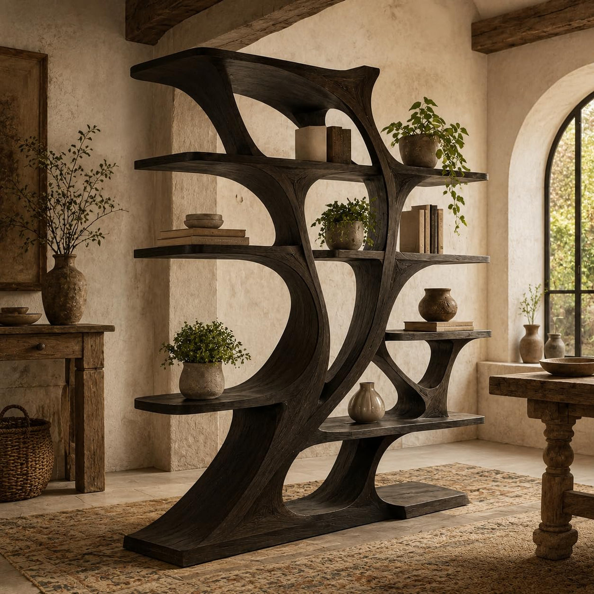 Artistic Wooden Bookshelf, Solid Wood Curved Bookcase with Open Shelves, Freestanding Display Storage for Living Room (Option 2)