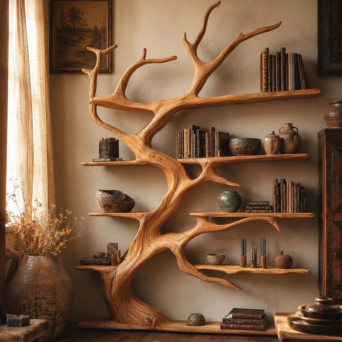Tree Bookshelf, Handcrafted Natural Wood Tree Branch Wall Bookcase, Sculptural Floating Shelves for Living Room, Study and Home Library, Driftwood Decor