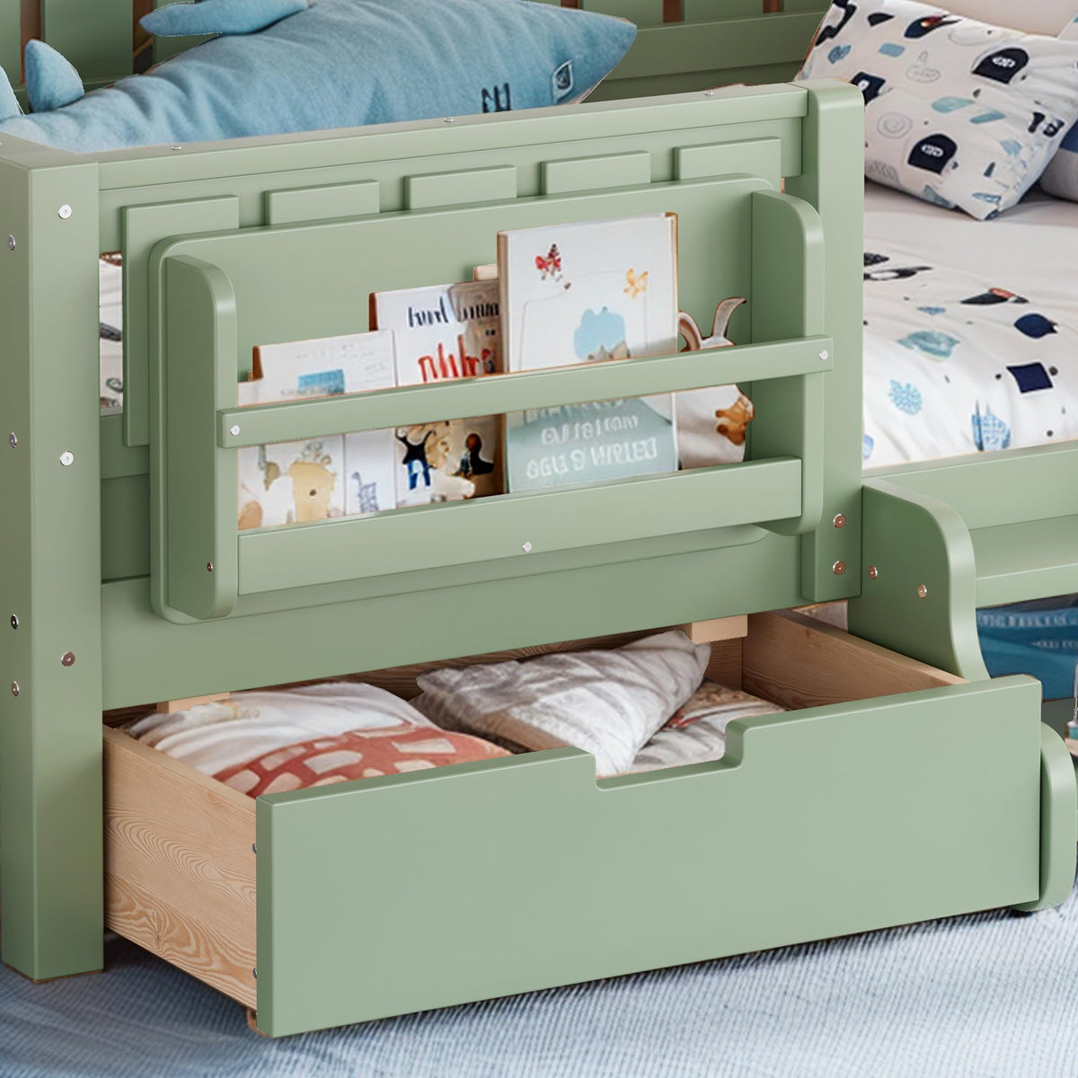 Montessori Bed with Stairs, Bookshelf & Storage Drawers