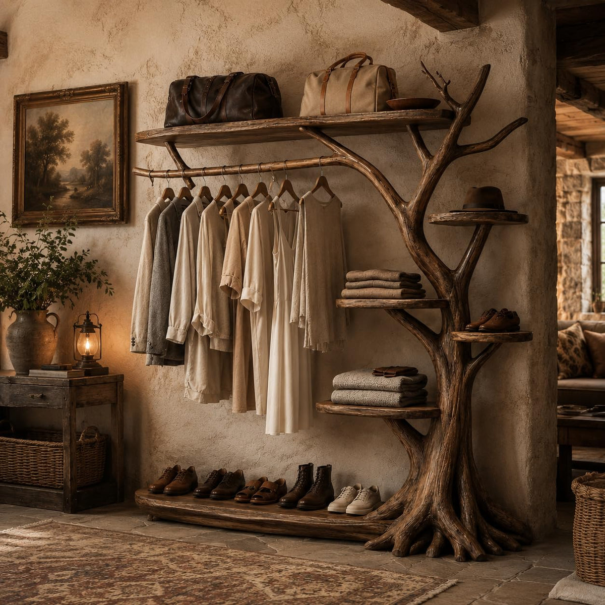 Rustic Coat Rack with Shoe Shelf, 70” H x 60” W Entryway Hall Tree Organizer for Mudroom, Hallway, Foyer Storage (Option 2)