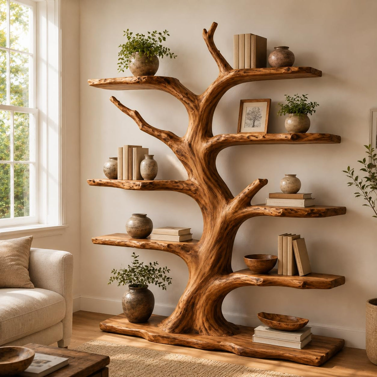 Tree Bookshelf, Handcrafted Natural Wood Tree Branch Wall Bookcase, Sculptural Floating Shelves for Living Room, Study and Home Library, Driftwood Decor