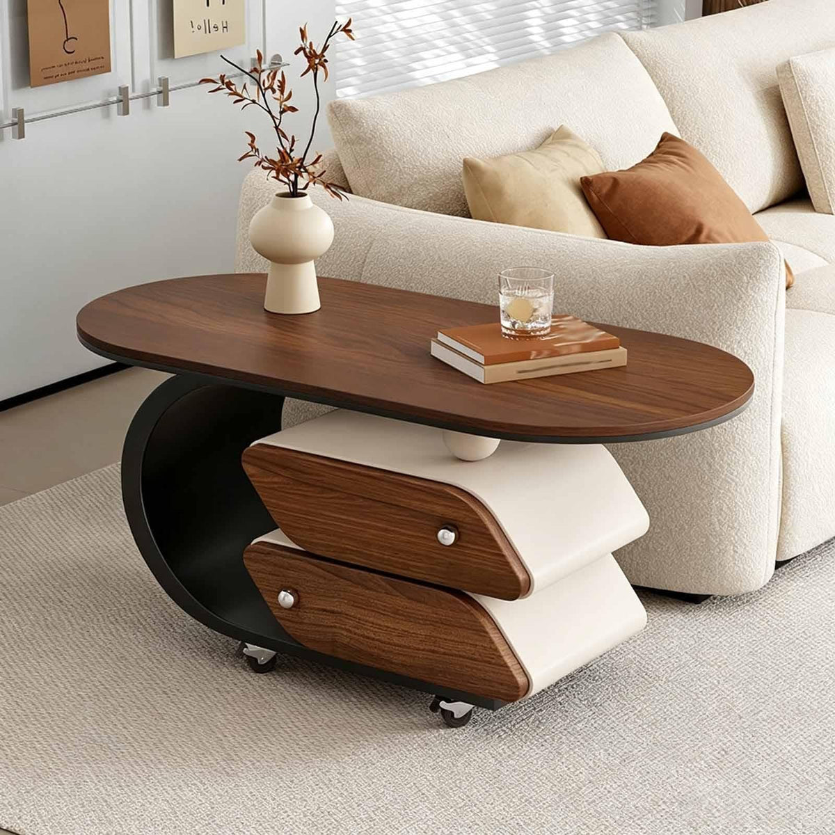 Rolling Wood-Top Storage Side Table