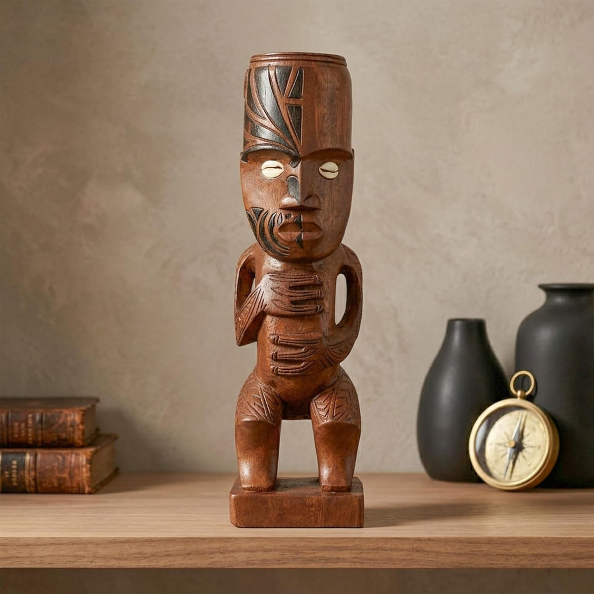 G6 Collection Handmade Wooden Primitive Tattoo Face Tribal Statue Sculpture Tiki