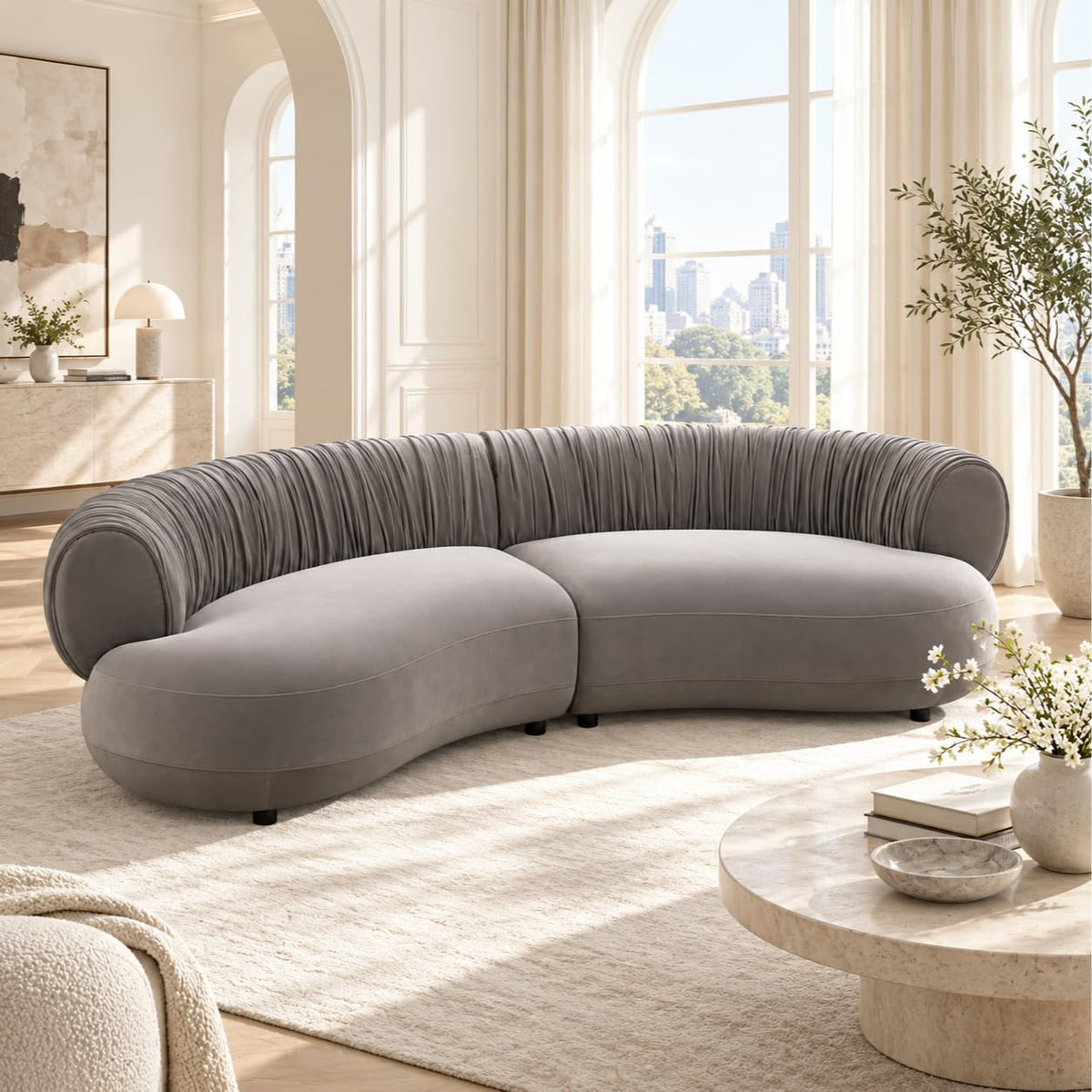 102.36" Curved Sectional Sofa, Gray Velvet 4-Seat Couch