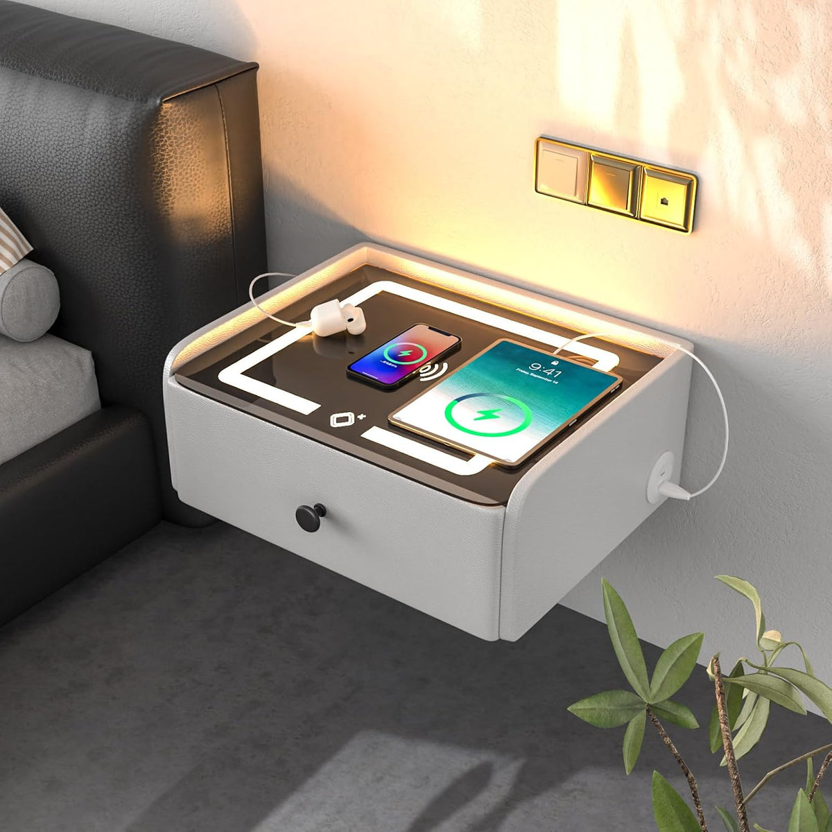 Floating LED Nightstand with Wireless Charging