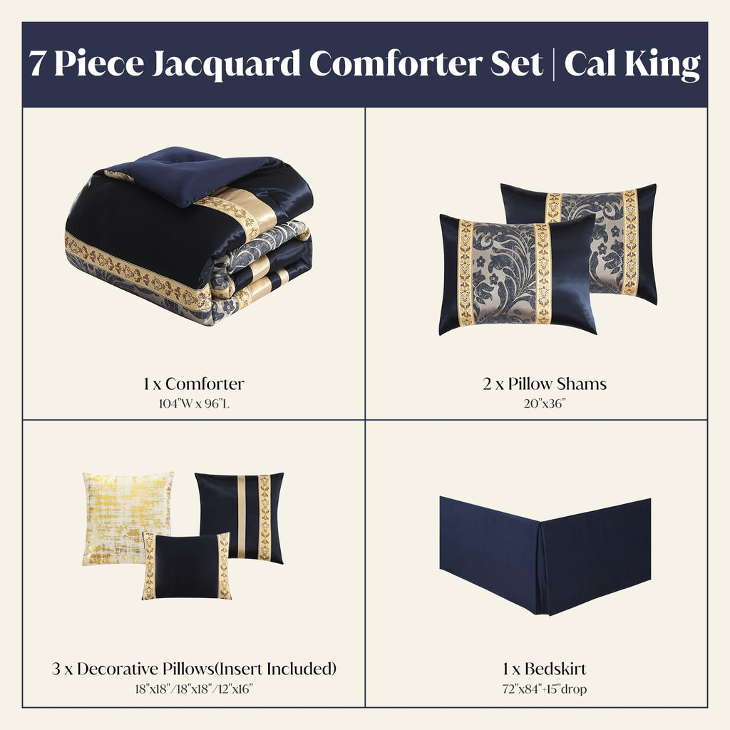 CozyDH Black Gold Jacquard Comforter Set California King, 7PCS Bed in a Bag