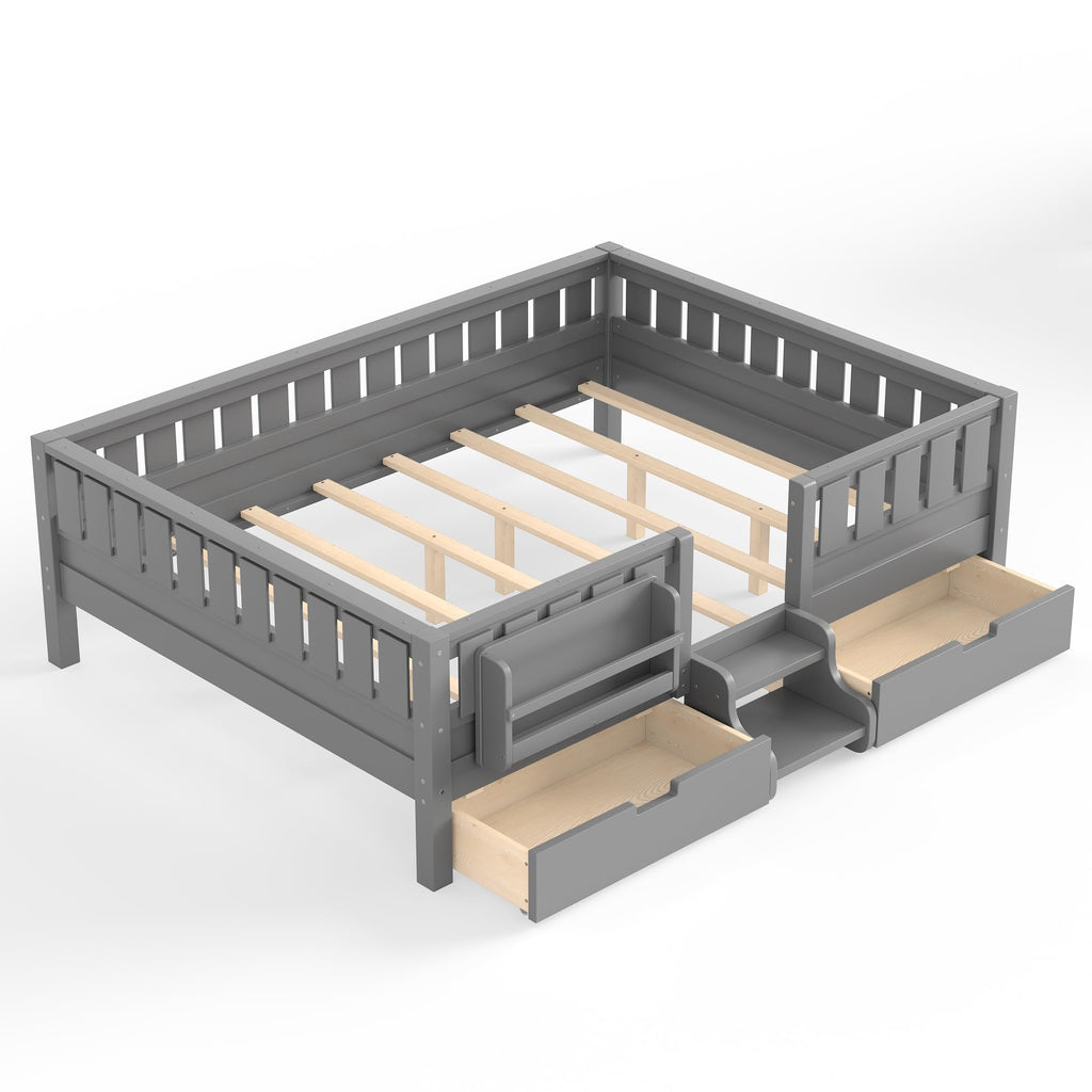 Montessori Bed with Stairs, Bookshelf & Storage Drawers