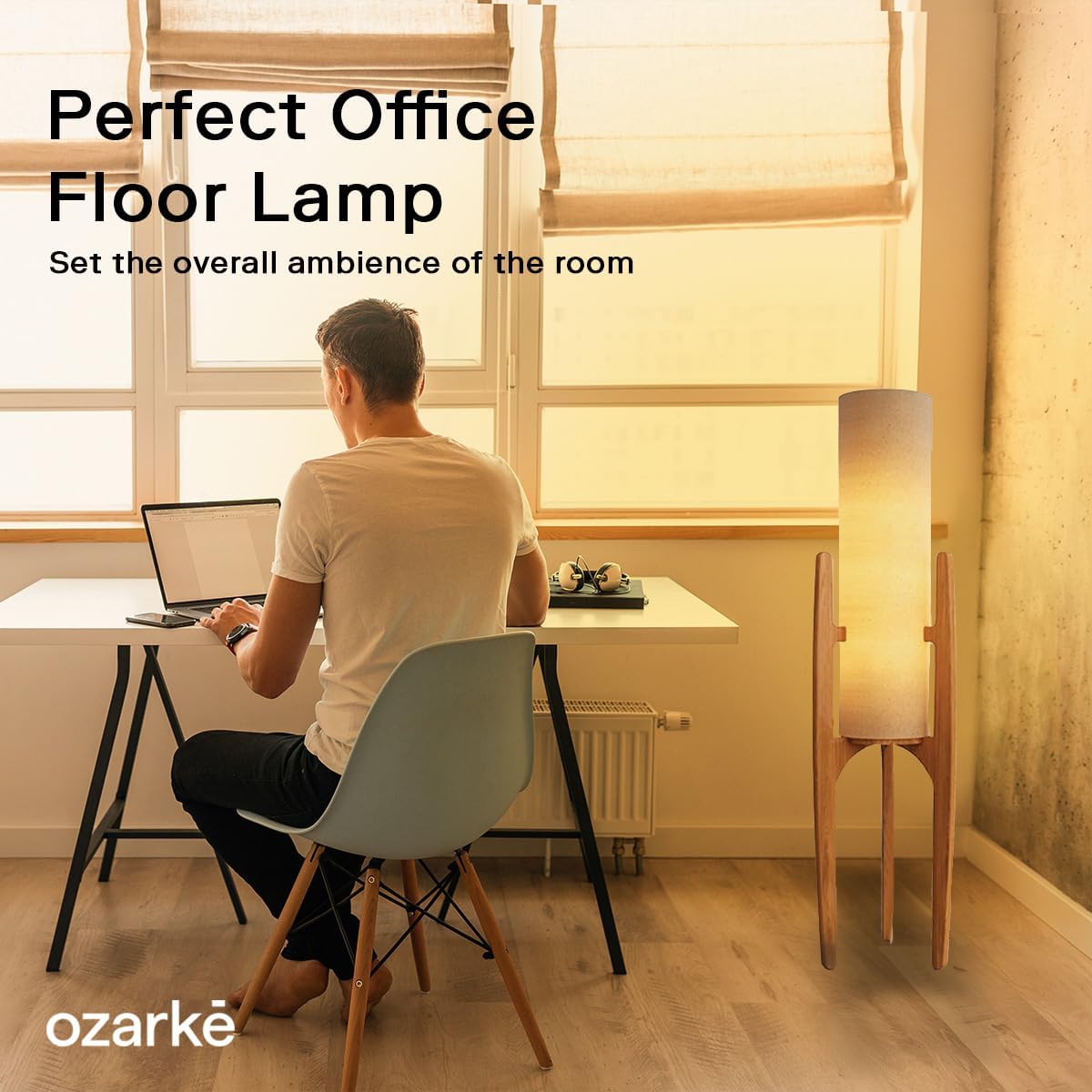 Ozarke Zen Modern Floor Lamp - Fabric Shade & Wood Frame Mid-Century 44 Inch