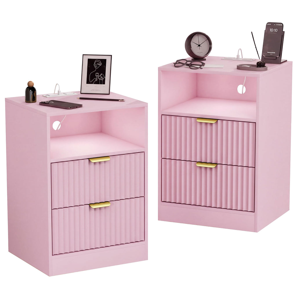 Fluted Nightstands with Charging Station, Set of 2