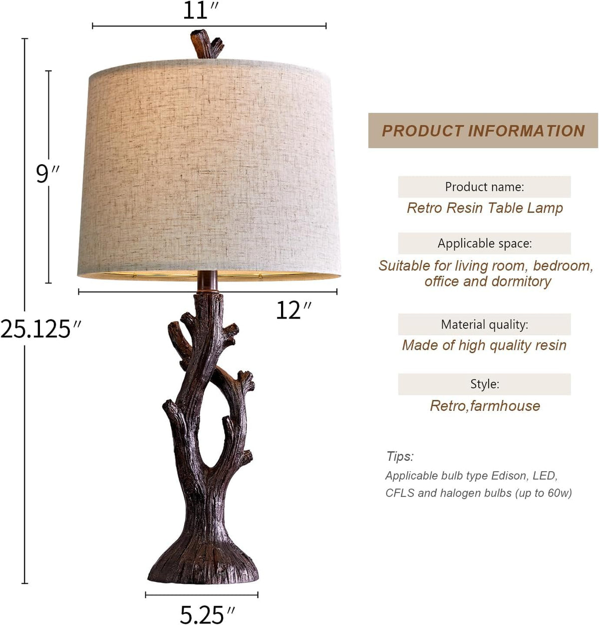 Rustic Tree-Trunk Table Lamp with Oatmeal Shade