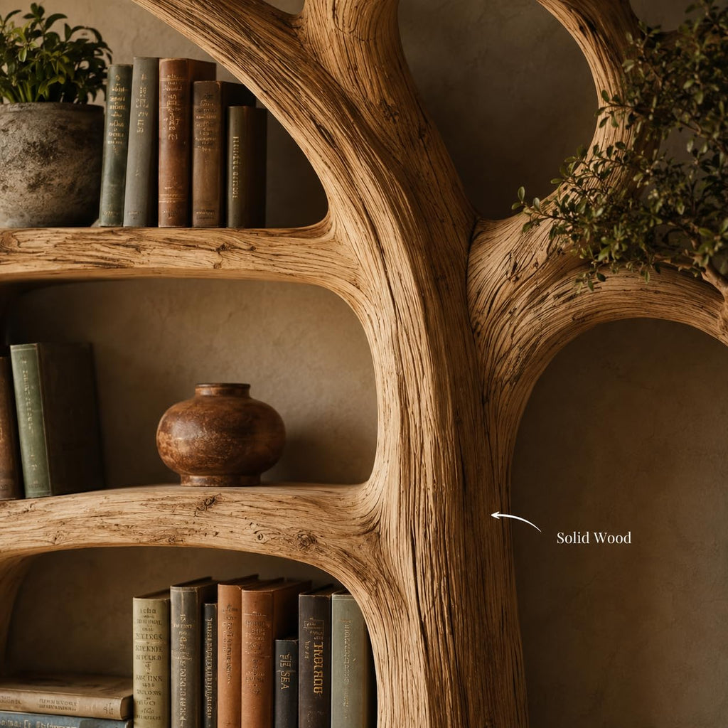 Rustic Tree Bookshelf, Solid Wood 70" H x 60" W Nature Inspired Bookcase with Open Shelves for Living Room Wall Decor (Option 4)